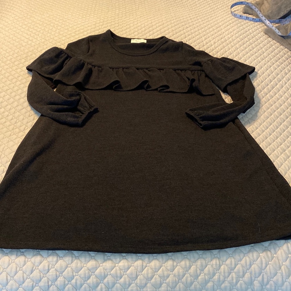 Perfect Peach charcoal sweater dress with cute ruffle detail and elastic cuffs